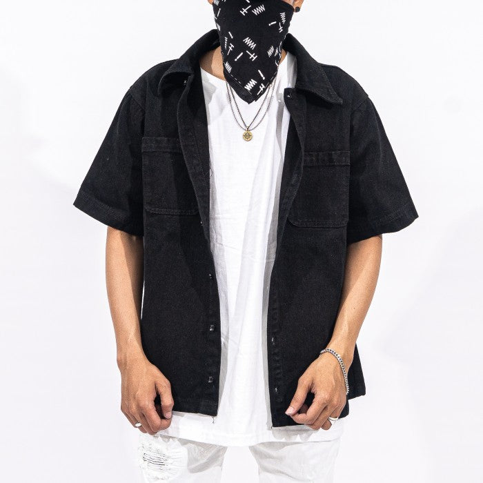 "DENIMITUP" embroidered work denim shirt - Black