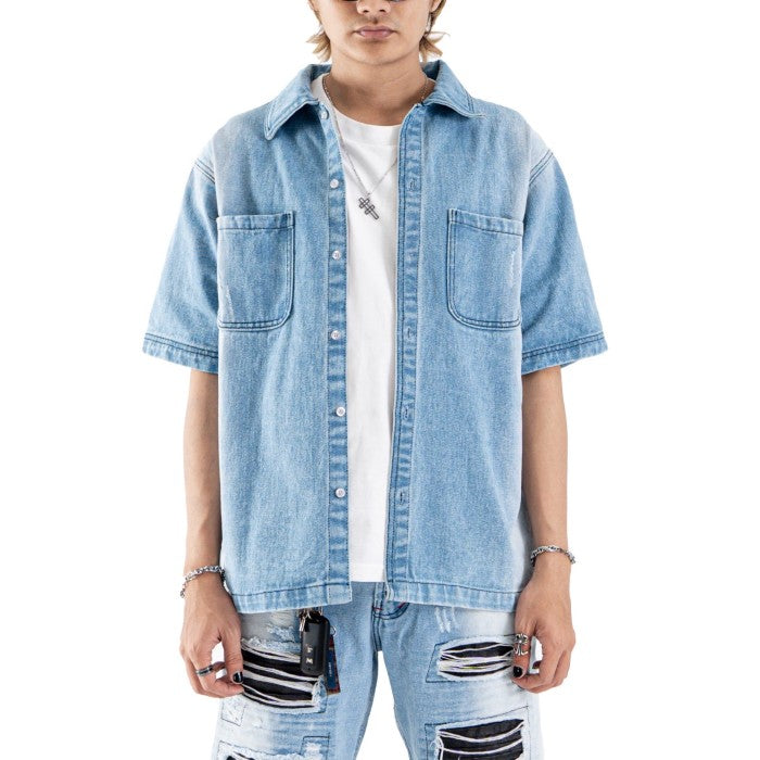 DENIMITUP embroidered work denim shirt - Side light blue - Shirt