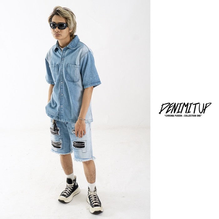 DENIMITUP embroidered work denim shirt - Side light blue - Shirt