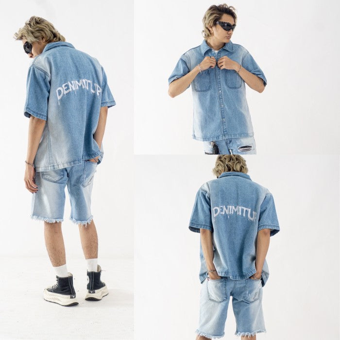DENIMITUP embroidered work denim shirt - Side light blue - Shirt