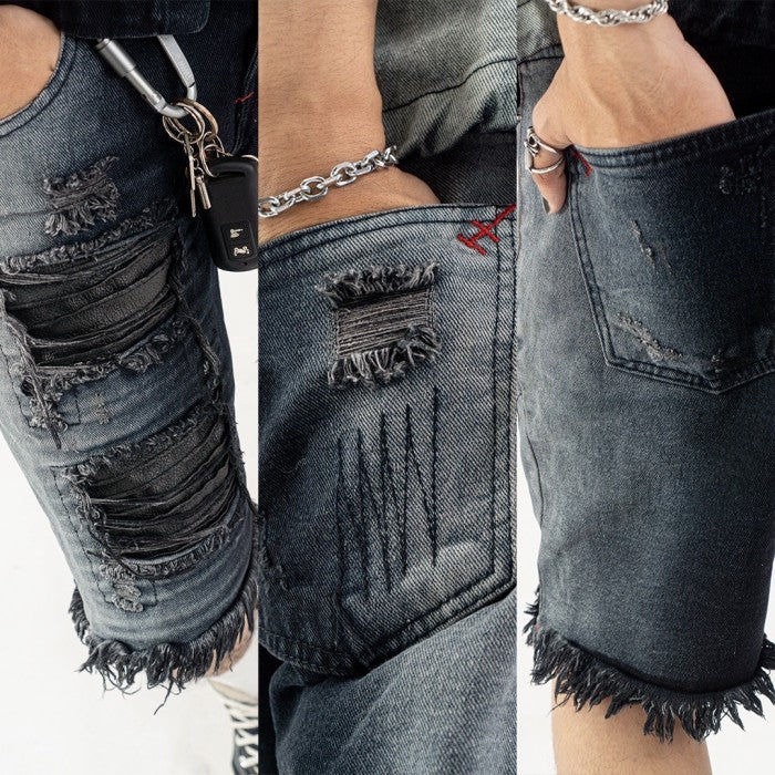 H1 quad leather short - Side stone black wash - Short Pants