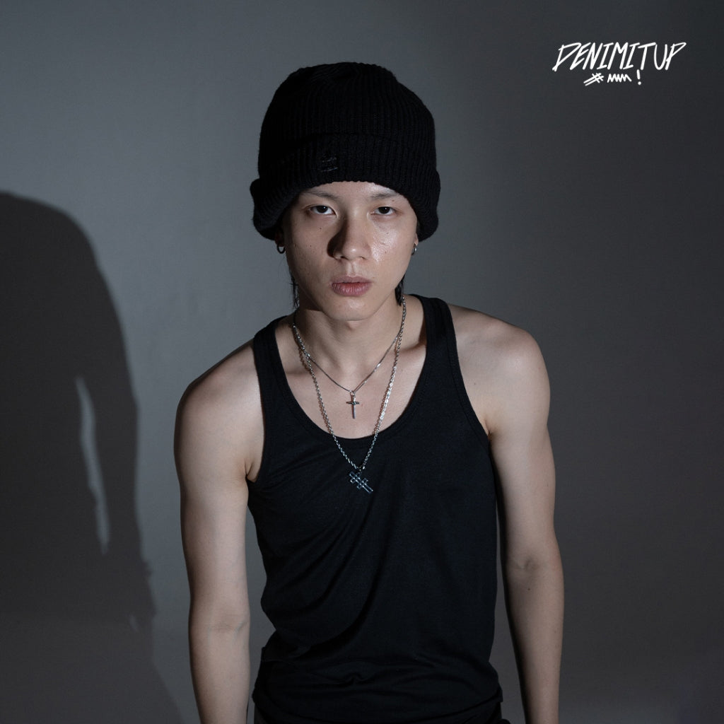 Denimitup Knit Beanie H Logo - Black on Black - Beanie