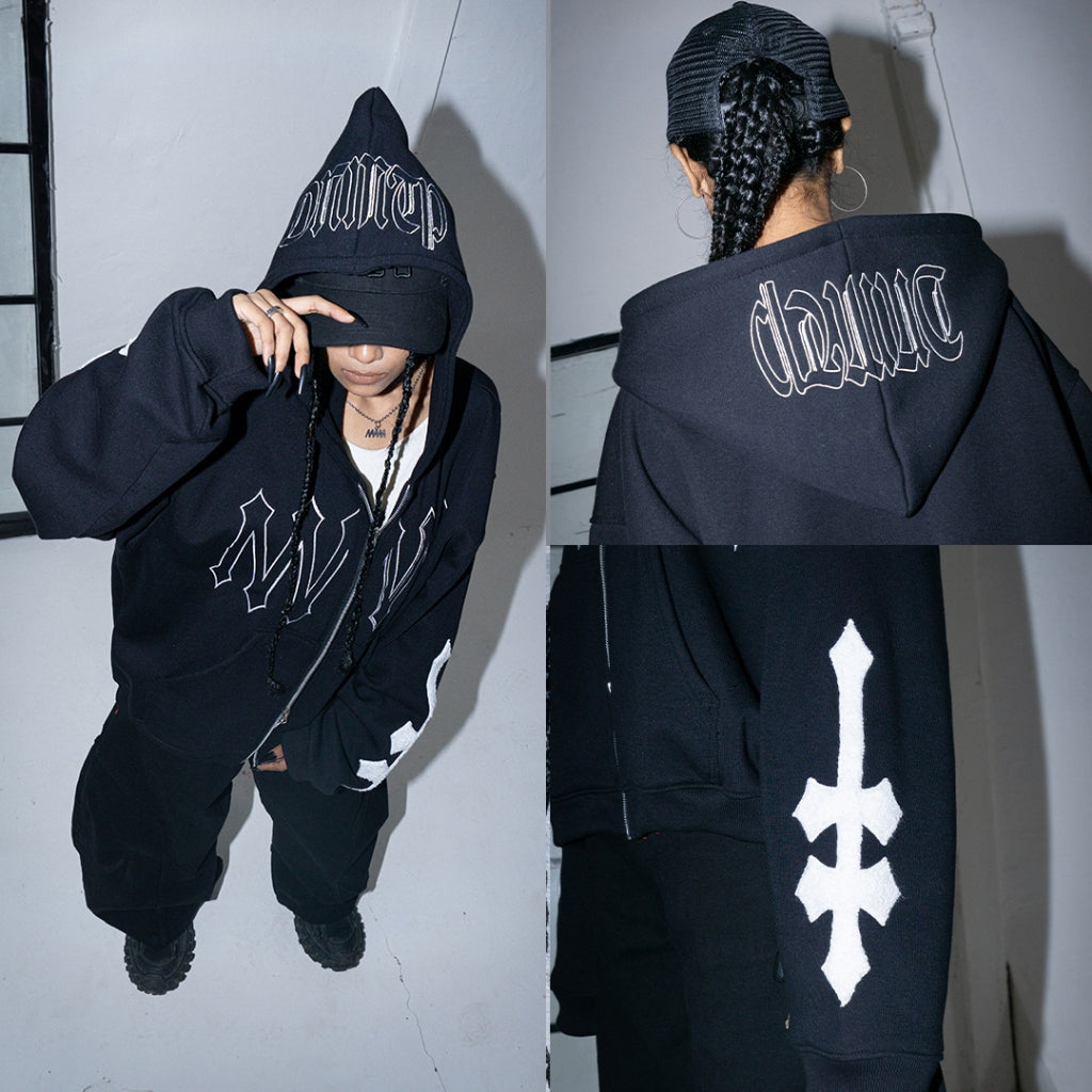 Denimitup H zigzag Double Zip - Jet Black - Hoodie